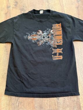 Harley-Davidson Black Short-Sleeve Tee with Orange & Gray Skull Graphic